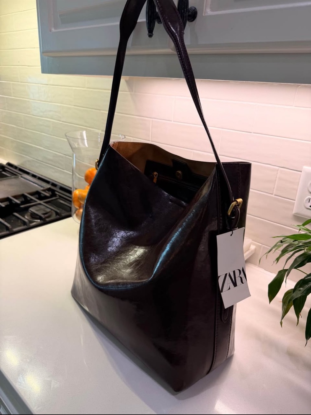 ZARA Dark Brown Leather Shoulder Tote